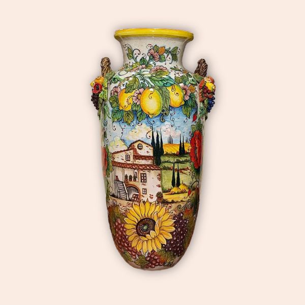 MISSILE-SHAPED TALL VASE WITH COUNTRYSIDE SCENES AND POPPIES cm.100h